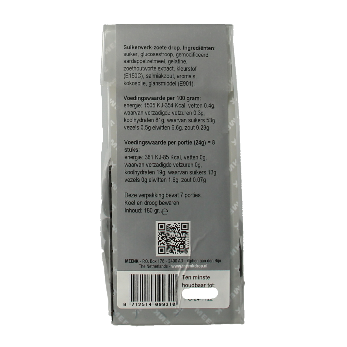 Meenk Limburgse katjes snoepgoed in 180g bag, colorful licorice candies with soft, chewy texture from the Meenk brand.
