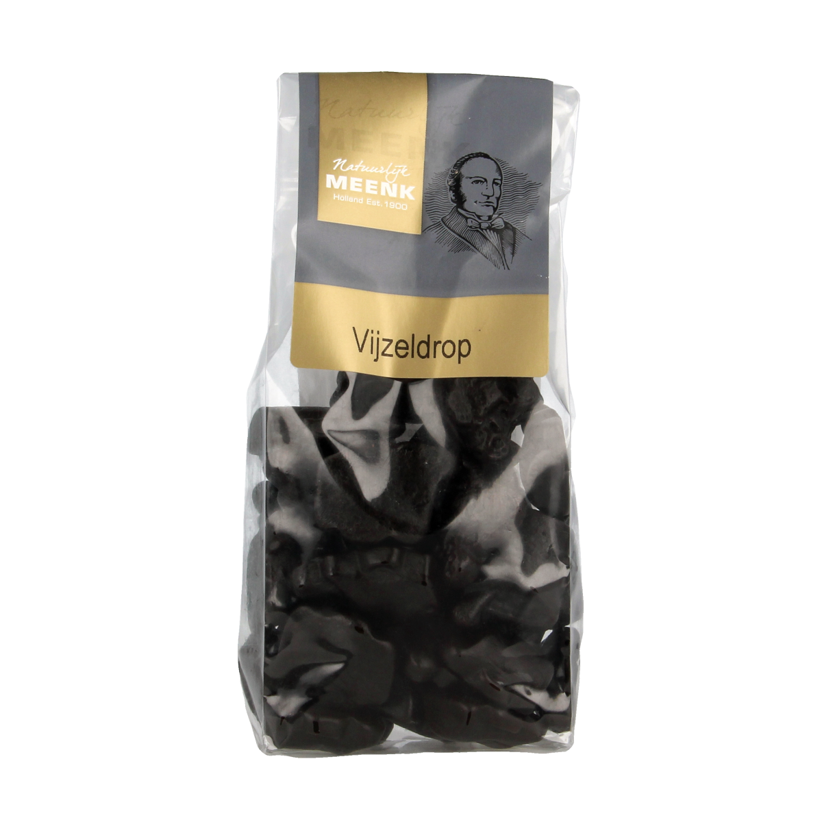 Meenk Vijzeldrop snoepgoed in 180g package, colorful chewy candies with fruit flavors, branded by Meenk.