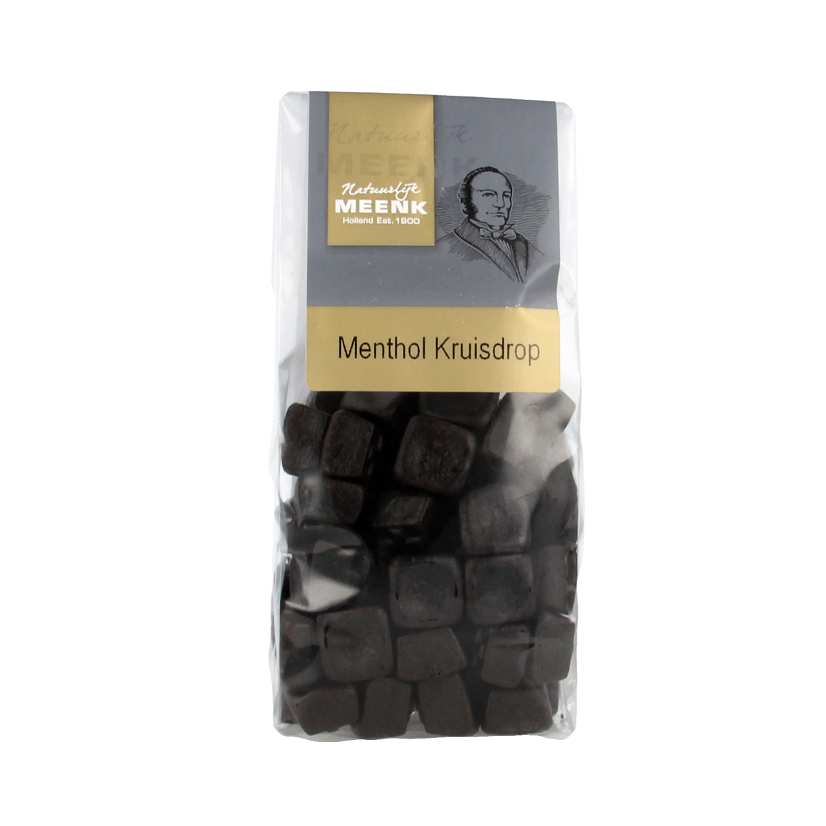 Meenk Menthol kruisdrop candy in a 180g package, showing green and white striped licorice pieces with menthol flavor.