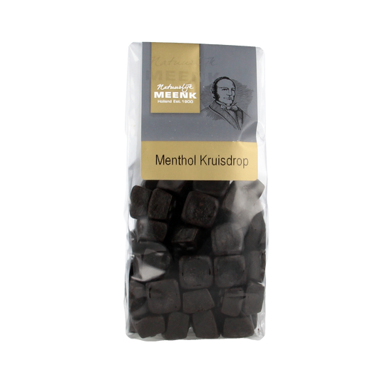 Meenk Menthol kruisdrop candy in a 180g package, showing green and white striped licorice pieces with menthol flavor.