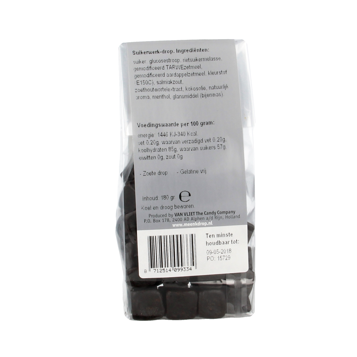 Meenk Menthol kruisdrop snoepgoed in 180g package, showing green and black licorice candies with menthol flavor.