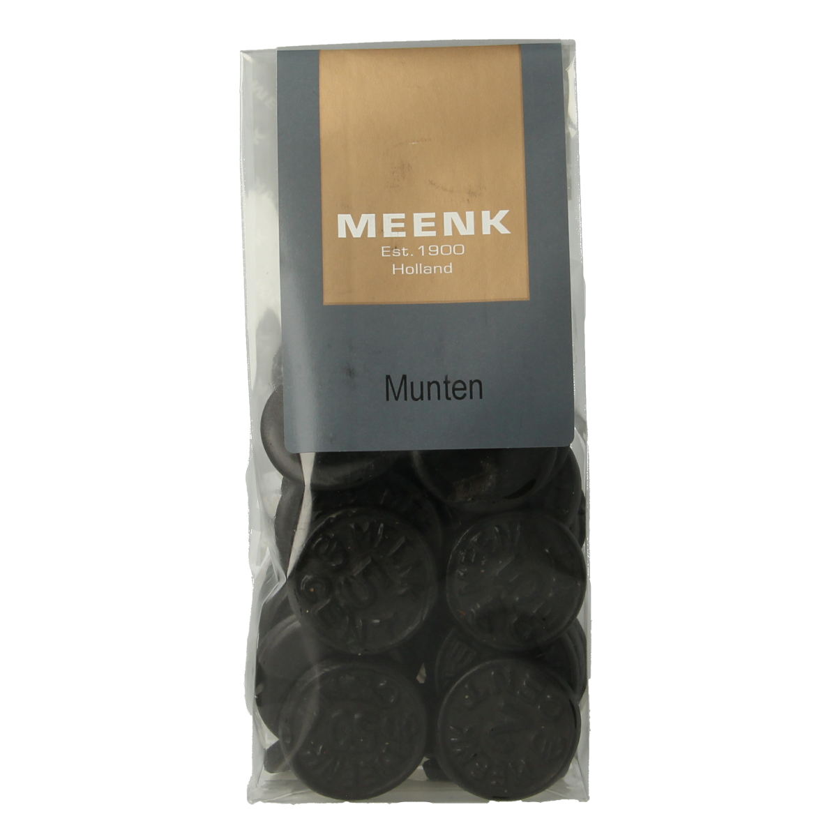 Meenk Muntendrop snoepgoed in 180g package with colorful mint candies and shiny coating, branded by Meenk.