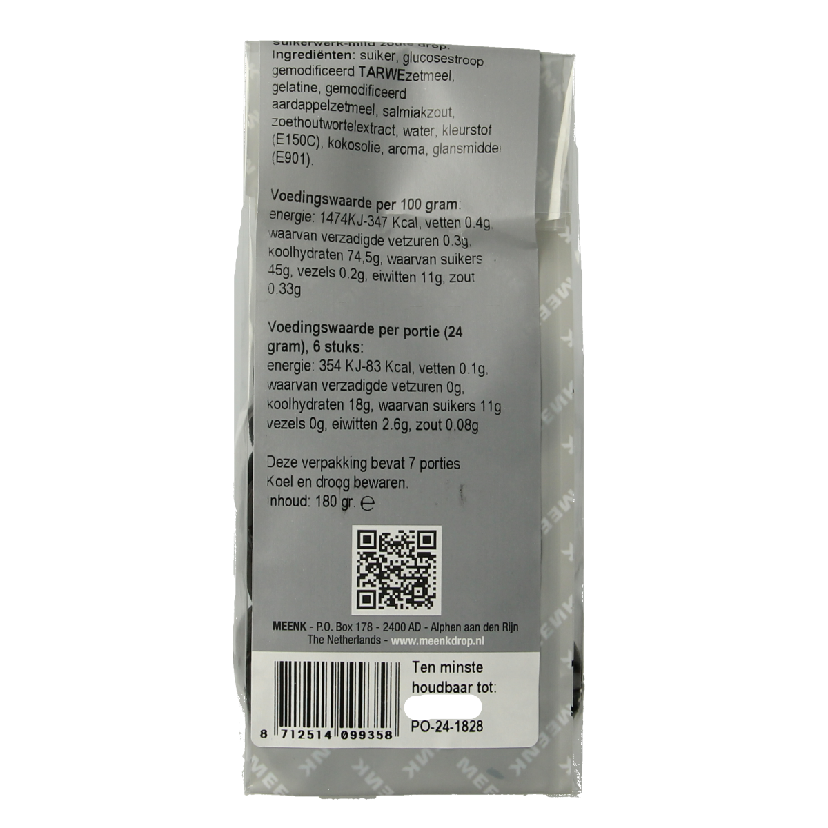 Meenk Muntendrop snoepgoed in 180g bag, colorful peppermint drops with striped patterns and glossy finish.