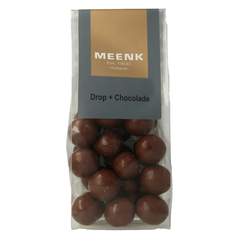 Meenk Drop chocolade snoepgoed in 150 gram package with glossy, dark chocolate drops on a white background.