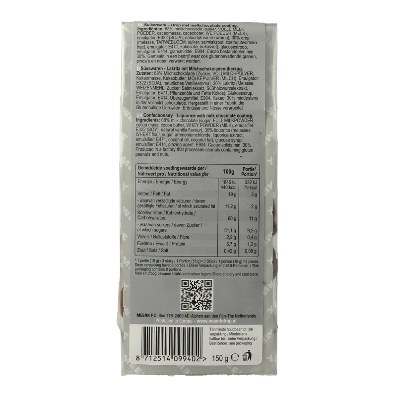 Meenk Drop chocolade snoepgoed in 150 gram package, showing glossy brown chocolate drops on a white background.