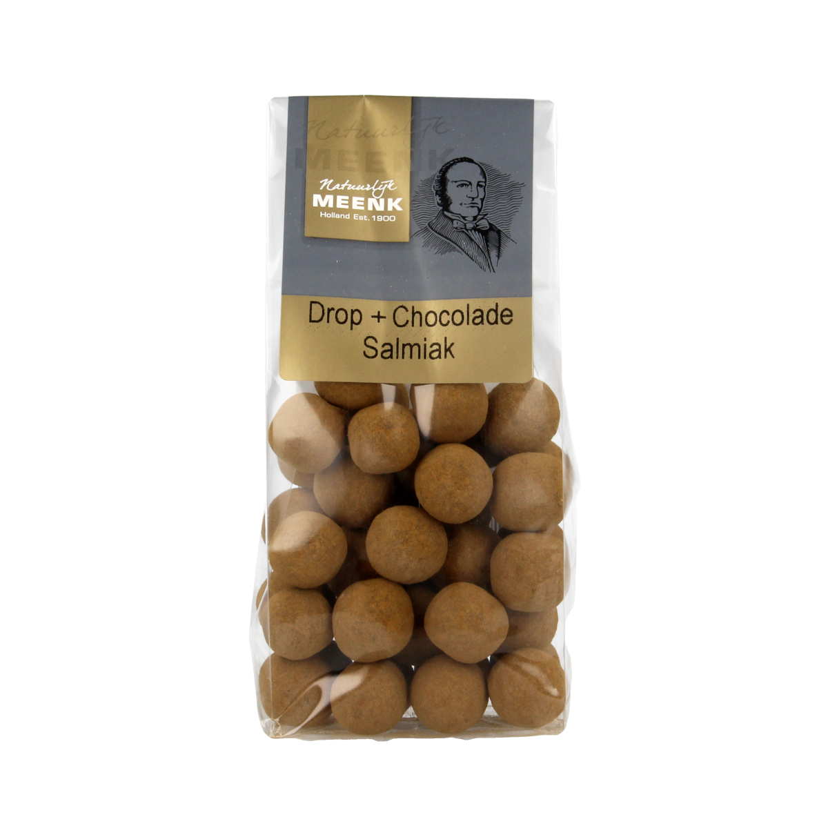 Meenk Drop chocolade salmiak candies in 150g bag, showing chocolate-coated salmiak sweets with dark and light contrasts.