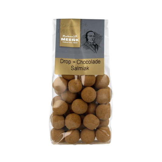 Meenk Drop chocolade salmiak candies in 150g bag, showing chocolate-coated salmiak sweets with dark and light contrasts.