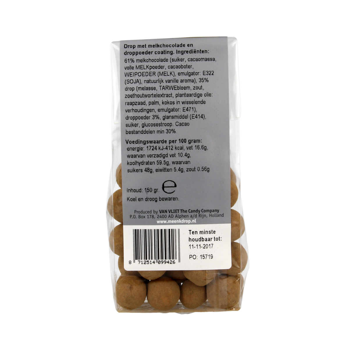 Meenk Drop chocolade salmiak candy in 150g package, chewy salmiak-flavored chocolate sweets from the Meenk brand.
