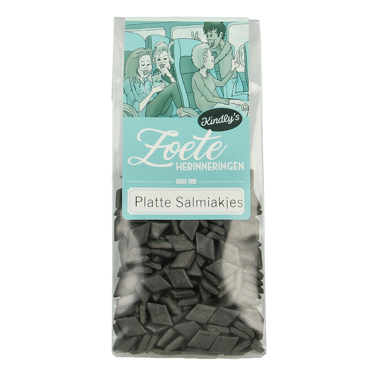 Kindly's Platte salmiak sweet candies in 130g package, salty licorice treat with black and white stripes, from the Kindly's brand.