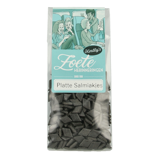 Kindly's Platte salmiak sweet candies in 130g package, salty licorice treat with black and white stripes, from the Kindly's brand.