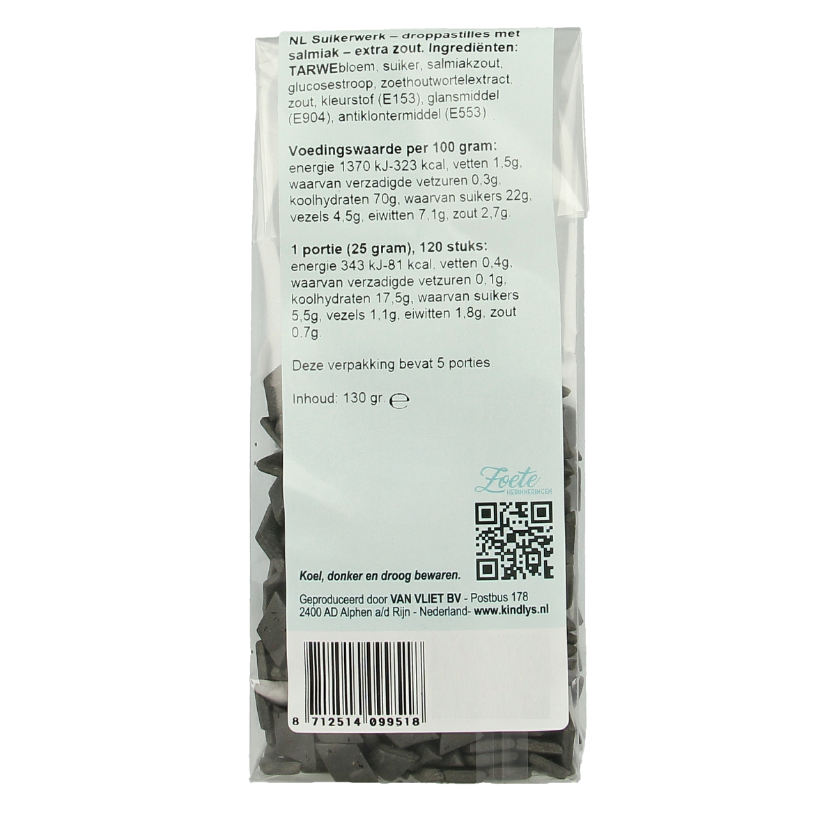 Kindly's Platte salmiak sweet candies in a 130g package, soft salty licorice treat from the Kindly's brand.