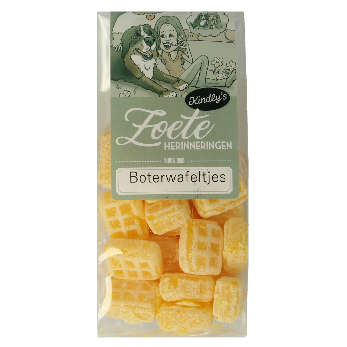 Kindly's Boterwafels zoete herinneringen, 200g, crispy butter waffles in a colorful box.