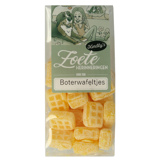 Kindly's Boterwafels zoete herinneringen, 200g, crispy butter waffles in a colorful box.