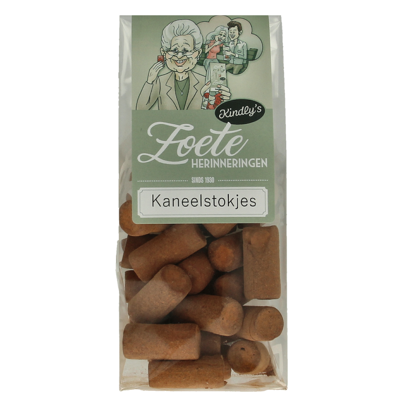 Kindly's Kaneelstokjes zoete herinneringen cinnamon candy sticks in 135g package, featuring golden-brown cinnamon flavor.