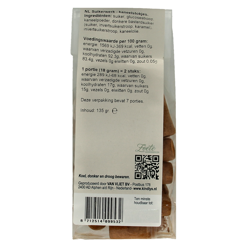 Kindly's Kaneelstokjes zoete herinneringen candy sticks in 135g pack, cinnamon-flavored snack with colorful striped design.