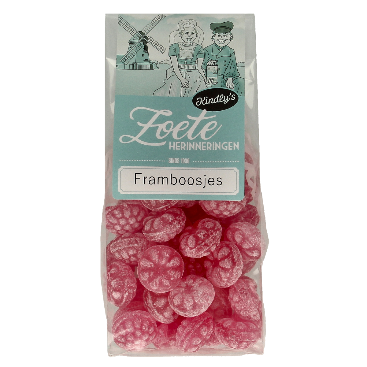 Sweet Kindly's Framboosjes raspberry-flavored candy in a 180g package, featuring vibrant, colorful raspberry-shaped sweets.