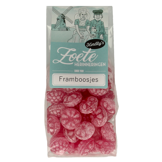 Sweet Kindly's Framboosjes raspberry-flavored candy in a 180g package, featuring vibrant, colorful raspberry-shaped sweets.