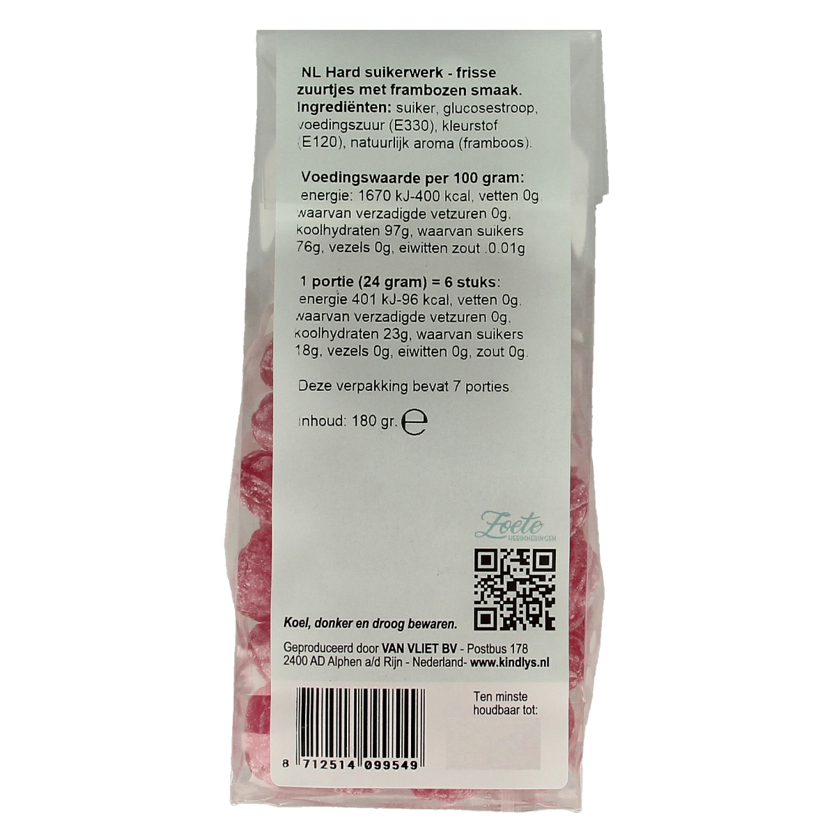 Sweet pink raspberry candies from Kindly's Framboosjes zoete herinneringen, 180g box, colorful, chewy confectionery.