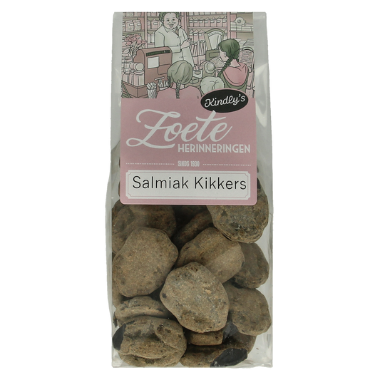 Colorful Kindly's Salmiak Kikkers candy in a 180g bag, soft chewy licorice with salty salmiak flavor, on a white background.