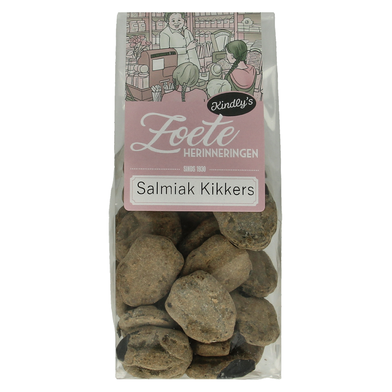Kindly's Salmiak Kikkers sweet memories candy, 180g, colorful salted licorice gummies in a clear bag.