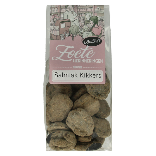Kindly's Salmiak Kikkers sweet memories candy, 180g, colorful salted licorice gummies in a clear bag.