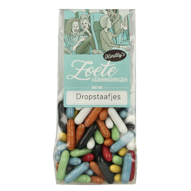 Sweet Kindly's Dropstaafjes with nostalgic flavors in a 170g package, featuring colorful candy sticks on a white background.