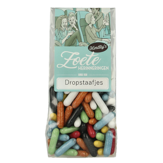 Sweet Kindly's Dropstaafjes with nostalgic flavors in a 170g package, featuring colorful candy sticks on a white background.