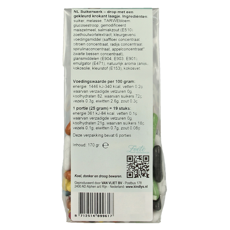 Kindly's Dropstaafjes zoete herinneringen snoepgoed in 170g package, colorful chewy candy sticks on a white background.