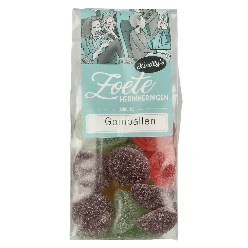 Kindly's Gomballen zoete herinneringen snoepgoed in 165g package, colorful round candies with a shiny coating.