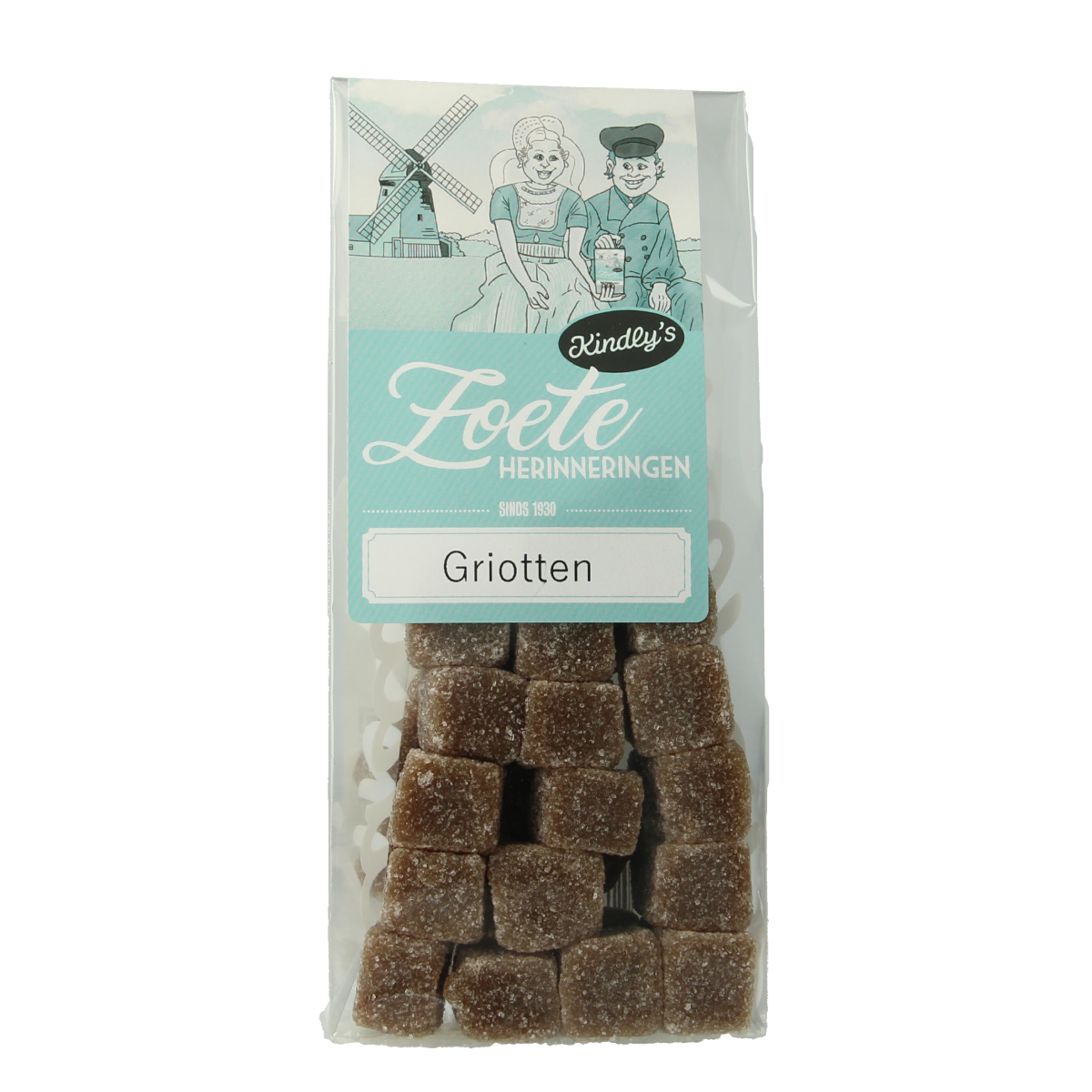 Kindly's Griotten zoete herinneringen snoepgoed, 135g, with colorful, chewy fruit candies in a clear bag.