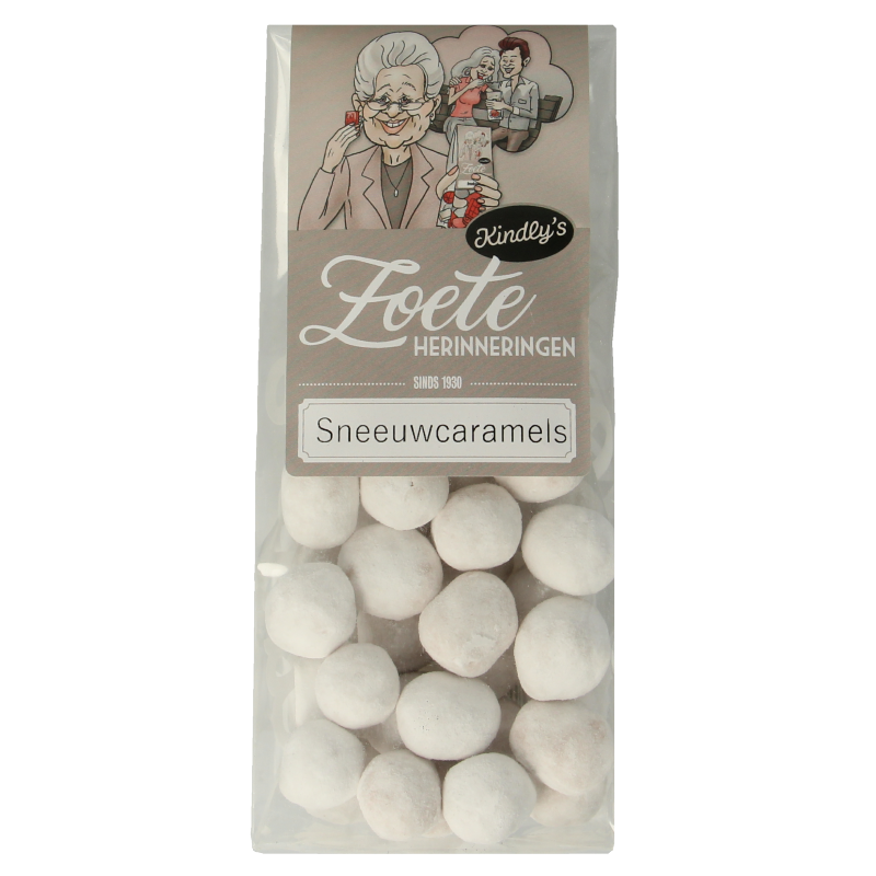 Kindly's Sneeuwcaramels snoepgoed in 160g package, showing creamy caramel candies with a smooth texture and golden color.