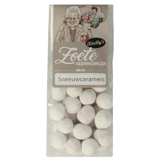 Kindly's Sneeuwcaramels snoepgoed in 160g package, showing creamy caramel candies with a smooth texture and golden color.
