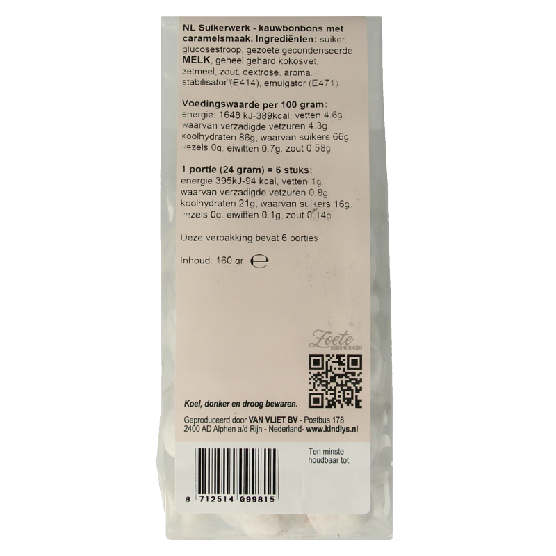 Kindly's Sneeuwcaramels zoete herinneringen snoepgoed in 160g, soft caramel candies with nostalgic appeal.