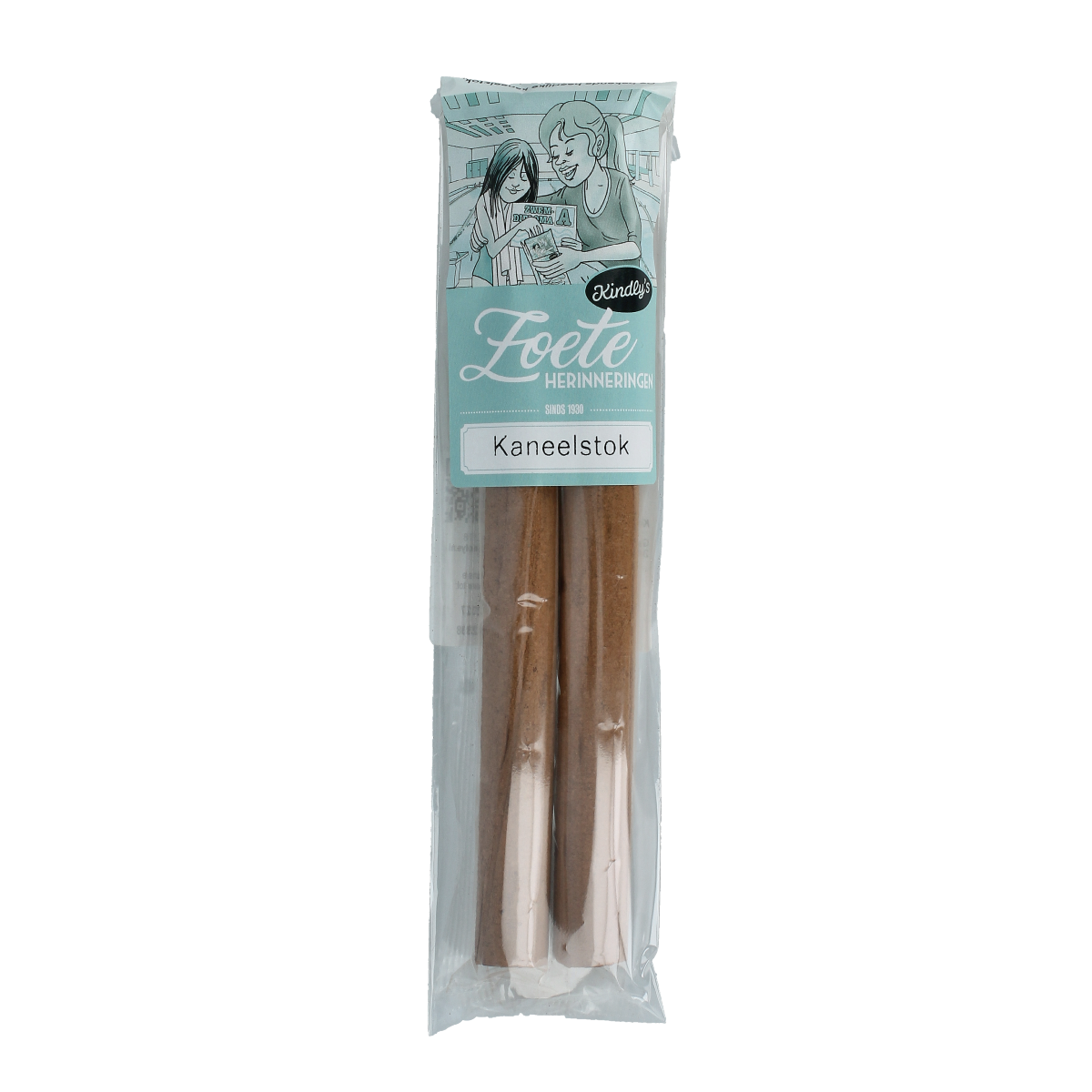 Display of two Kindly's Kaneelstok zakje cinnamon candy sticks on a white background.