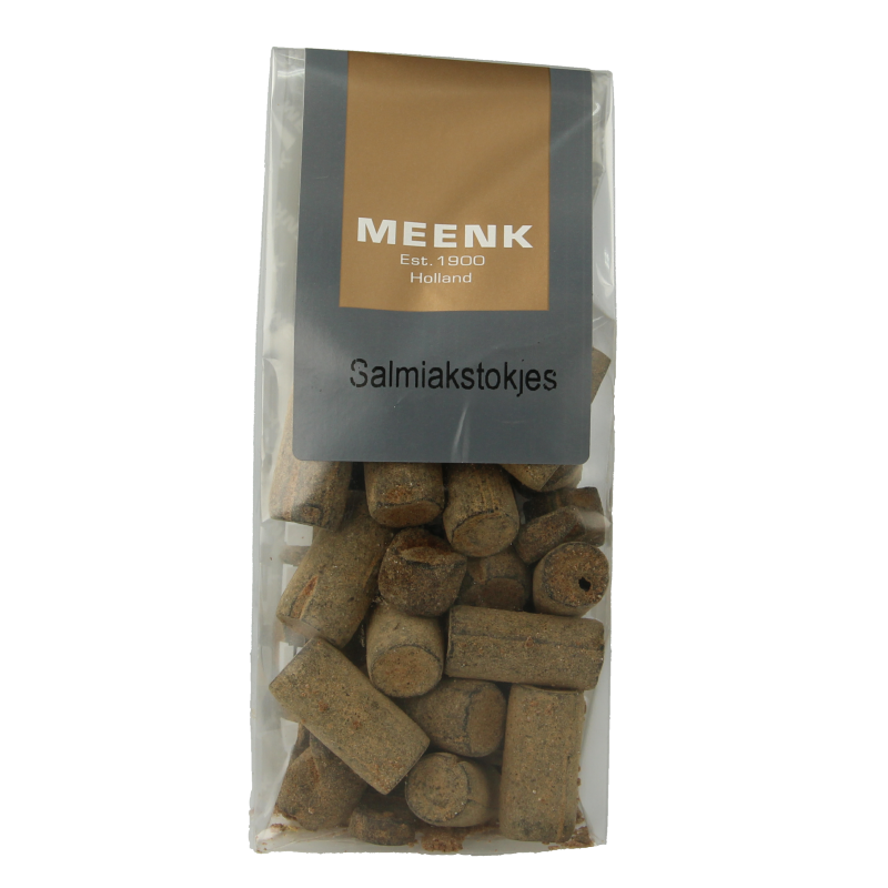Meenk Salmiak stokjes, salty licorice candy sticks in 150g package, traditional Dutch snoepgoed with salty flavor.