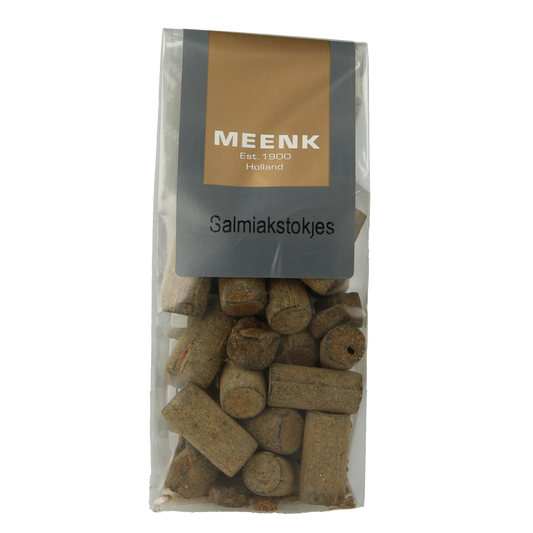 Meenk Salmiak stokjes, 150g, salty licorice candy sticks from Meenk in colorful packaging.