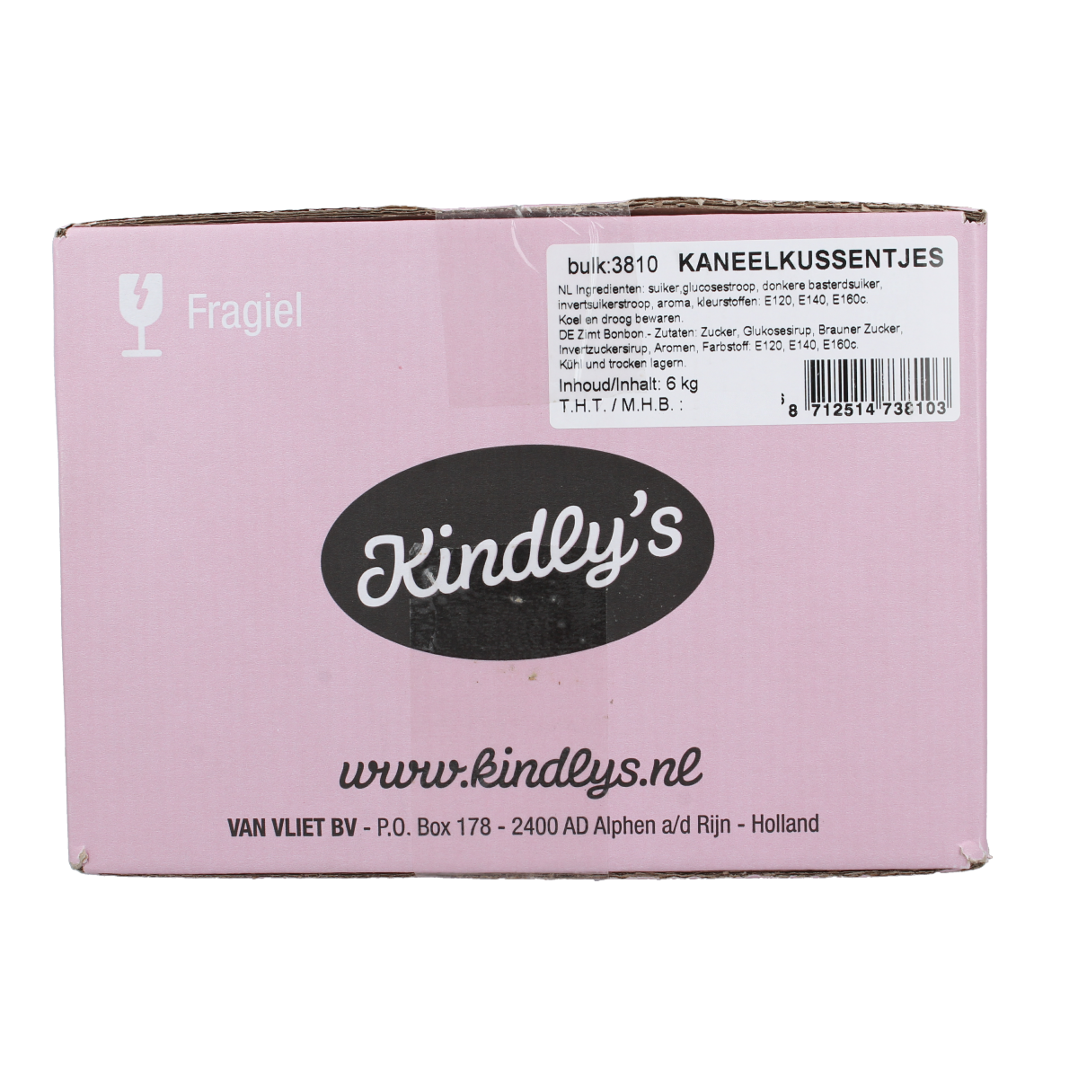 Colorful Kindly's Kaneelkussentjes candy, soft and chewy snoepgoed, in a 6kg bag, with bright packaging and assorted flavors.