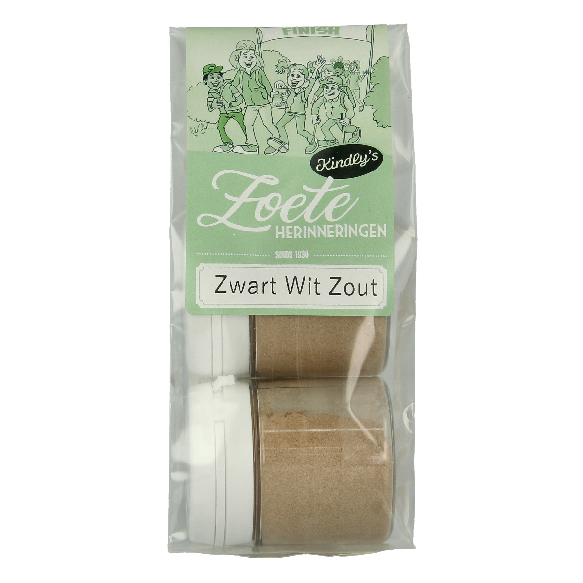 Kindly's Zwart wit potjes zout snoepgoed in 25g jars, two pieces, featuring black and white decorative packaging.