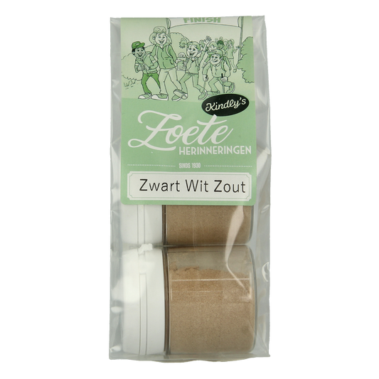 Kindly's Zwart wit potjes zout snoepgoed in 25g jars, two pieces, featuring black and white decorative packaging.