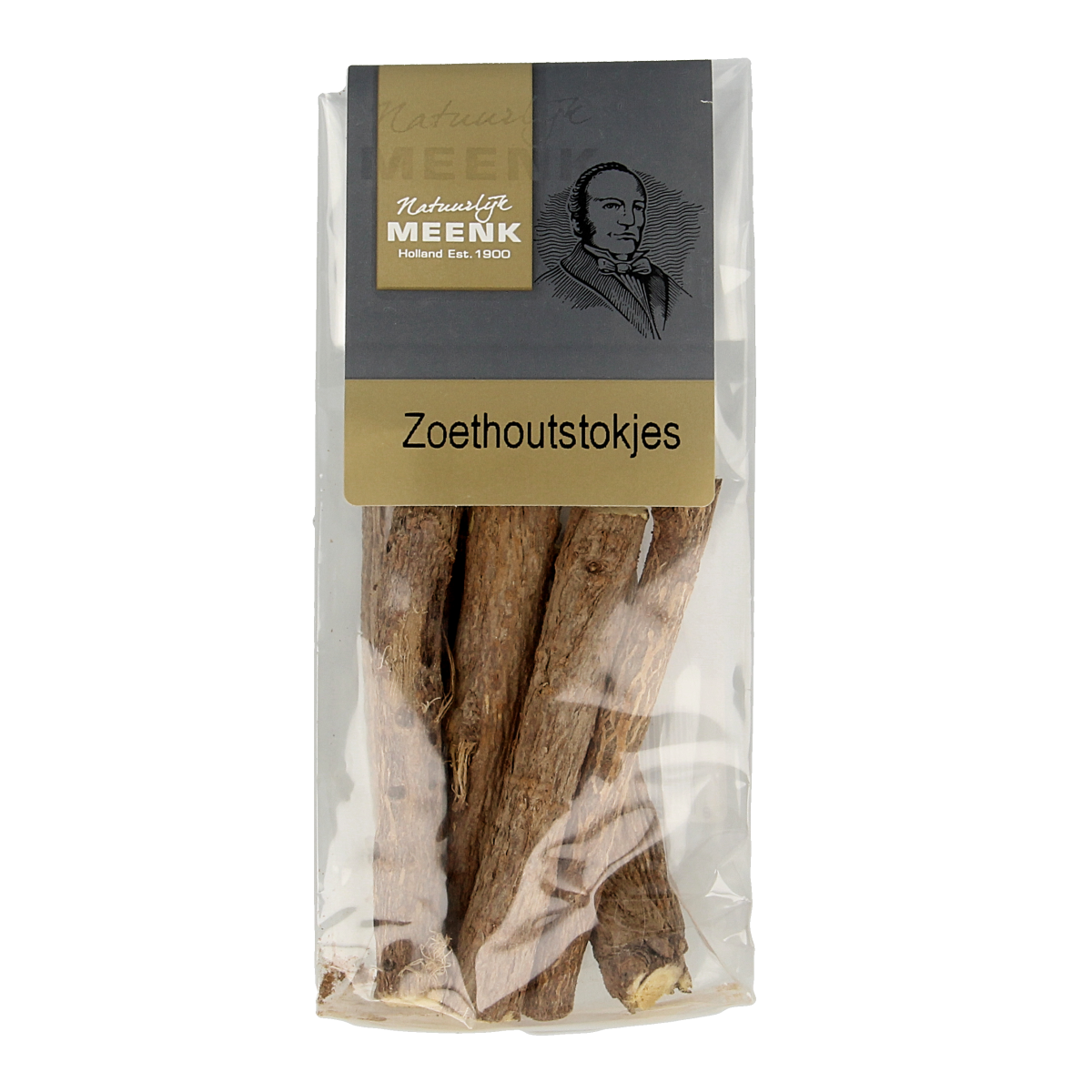 Meenk Zoethoutstokjes in zakje, 50g, natural licorice sticks from Meenk snoepgoed in a clear plastic bag.