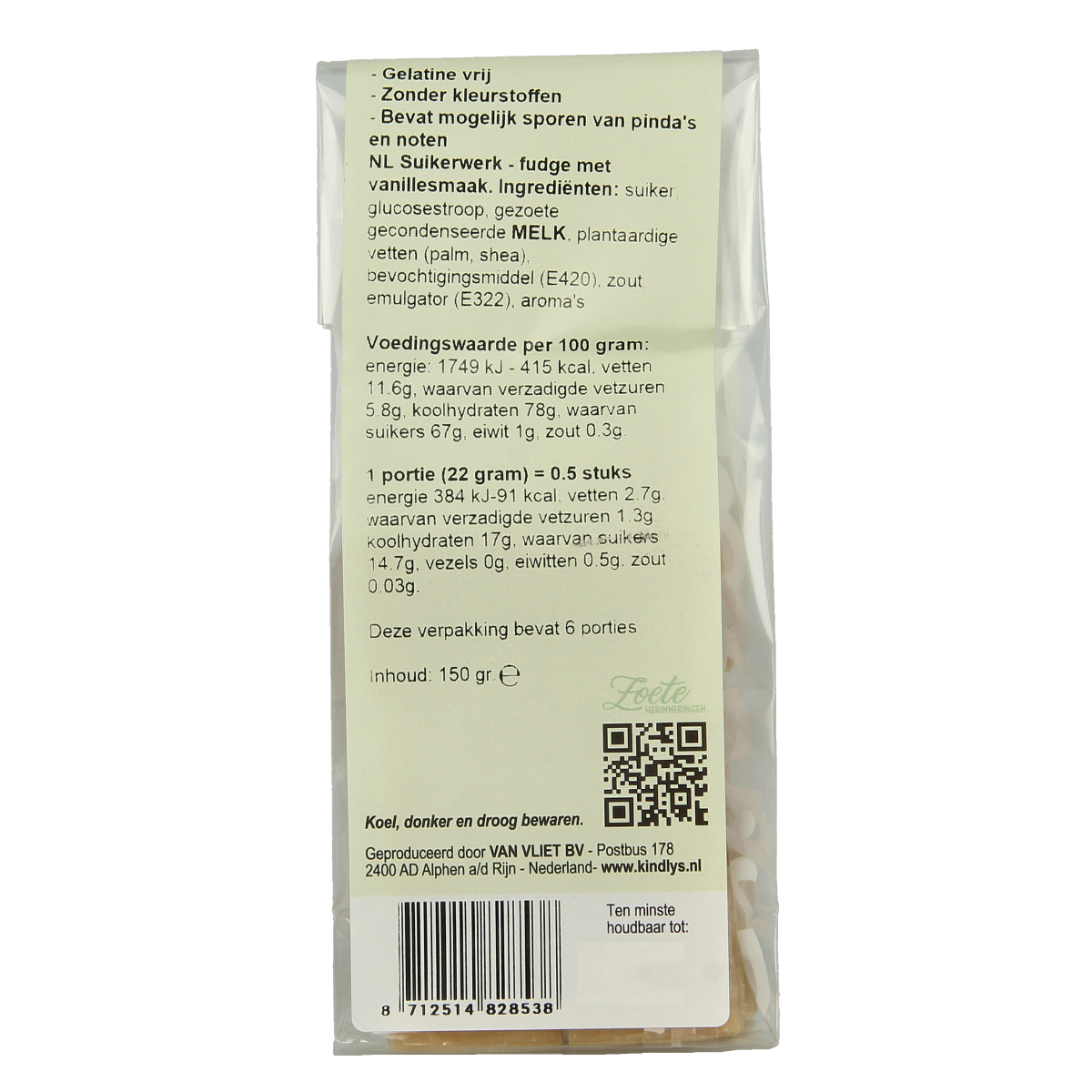 Kindly's fudge in a 150g package, showing creamy, smooth chocolate candy from the Kindly's snoepgoed collection.