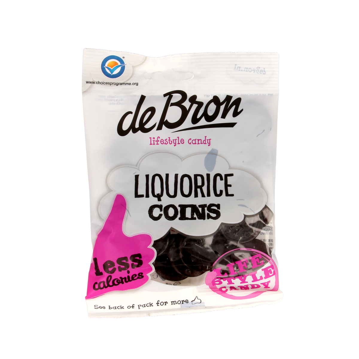 De Bron Muntendrop liquorice coins, suikervrij, 100 gram, soft chewy candy with mint flavor, shown in a clear container.