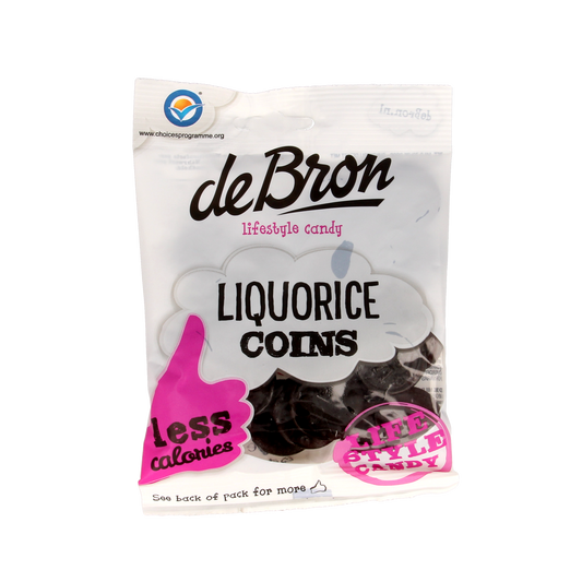 De Bron Muntendrop liquorice coins, suikervrij, 100 gram, soft chewy candy with mint flavor, shown in a clear container.