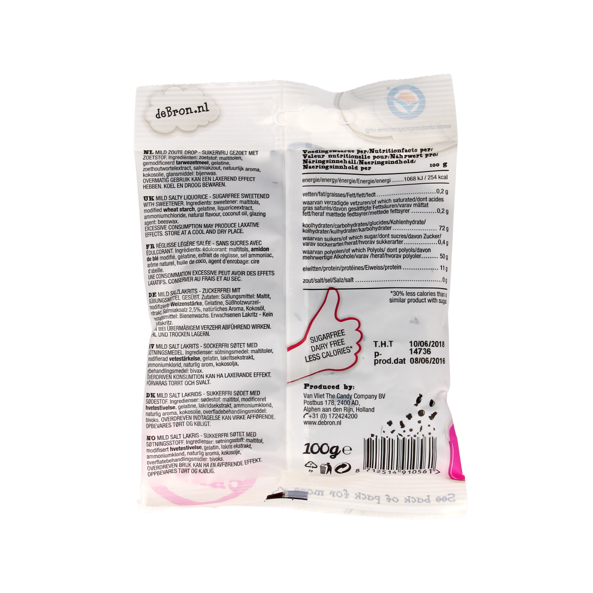 De Bron Muntendrop liquorice coins, sugar-free confectionery in a 100g package, shown in the image.