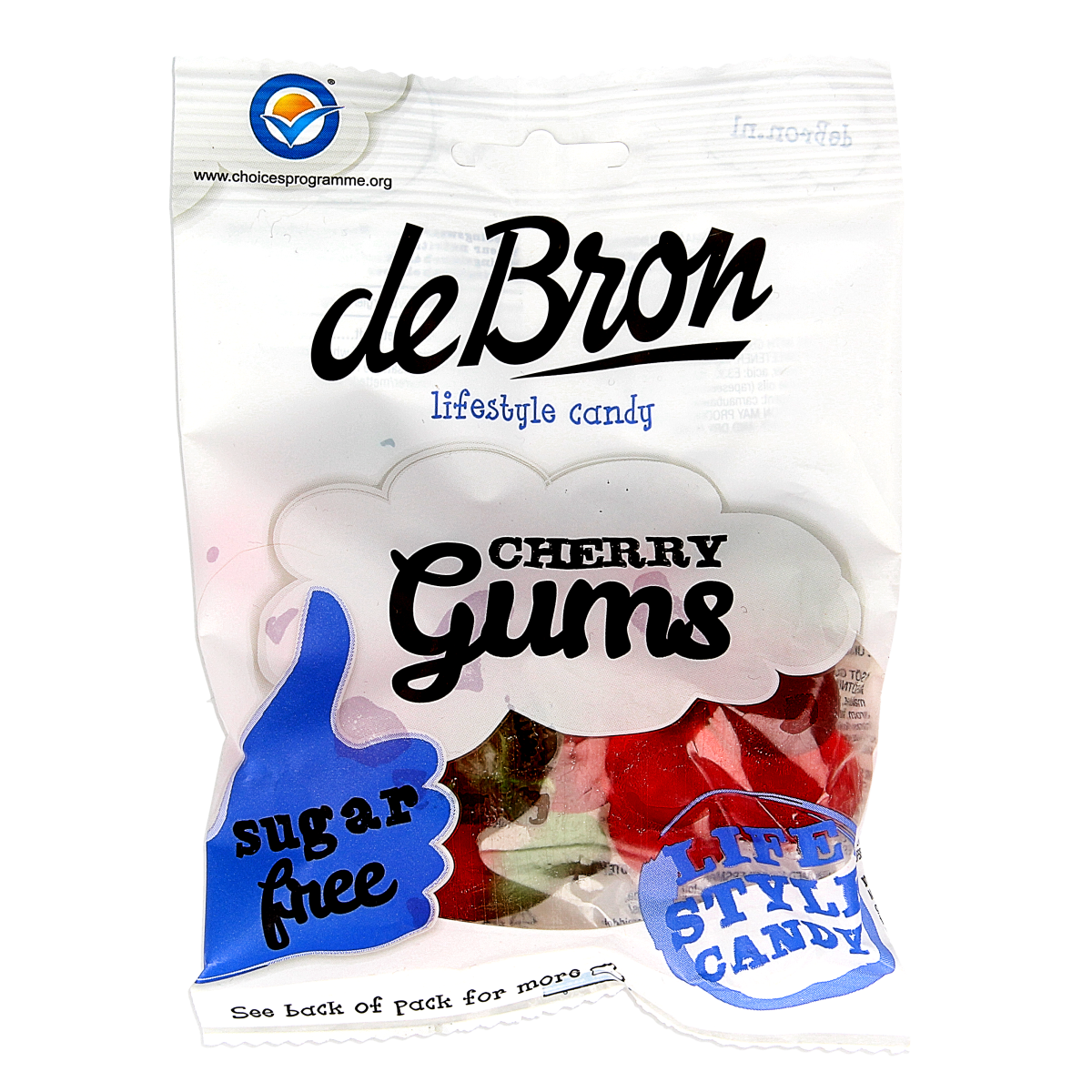 De Bron Cherry Gums, sugar-free cherry-flavored candies in a 90g package, shown in the image.