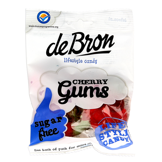 De Bron Cherry Gums, sugar-free cherry-flavored candies in a 90g package, shown in the image.