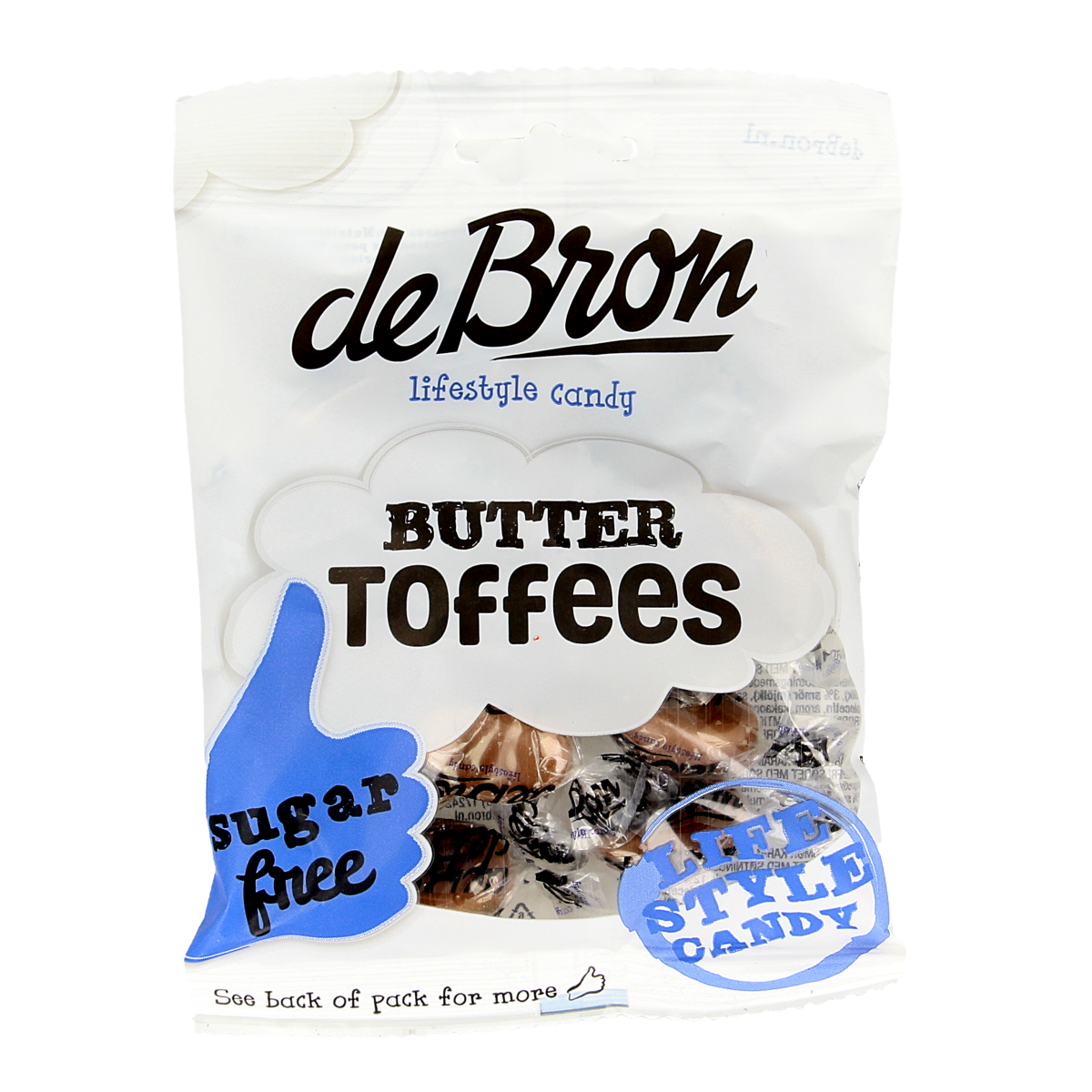 De Bron Buttertoffee suikervrij snoepgoed in 70g package, creamy caramel flavor, shown in the image.