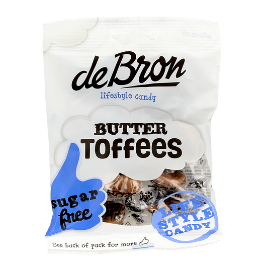 De Bron Buttertoffee suikervrij snoepgoed in 70g package, creamy caramel flavor, shown in the image.