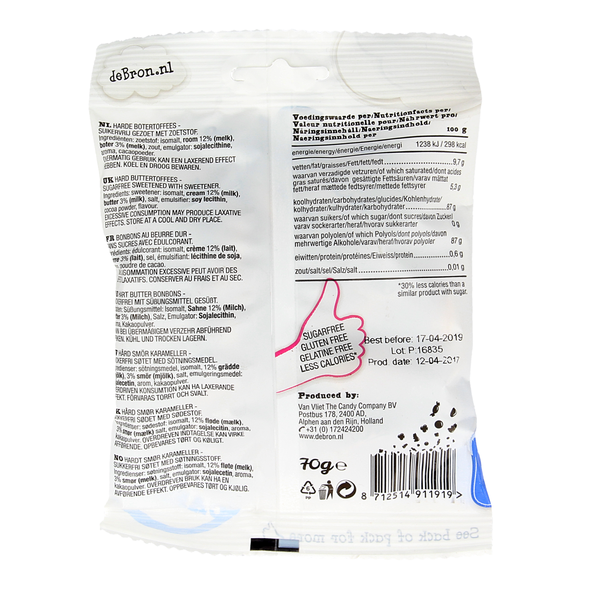 De Bron Buttertoffee suikervrij snoepgoed 70g, caramel-colored toffee pieces with a smooth texture, without sugar.