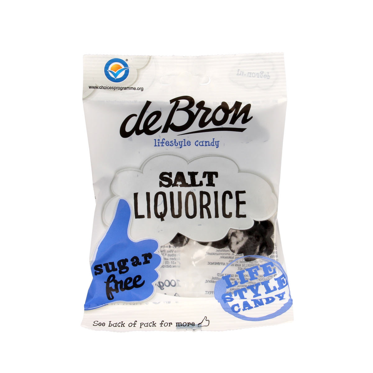 De Bron Klavertjes zout en suikervrije liquorice snoepgoed in 100g verpakking, featuring green and black licorice pieces.